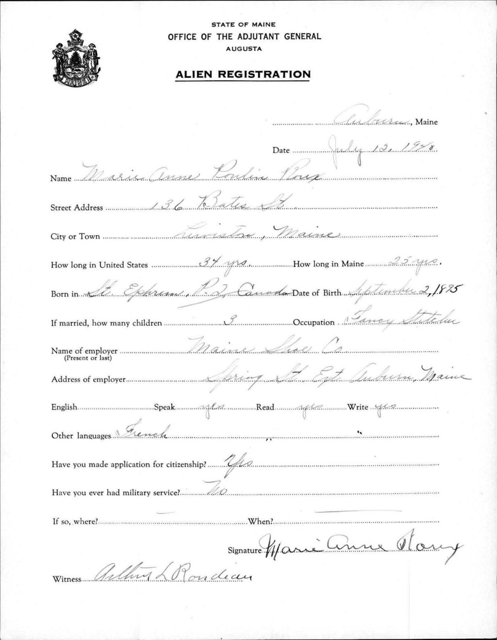 Miniature of Alien Registration- Poulin, Marie A. (Auburn, Androscoggin County)