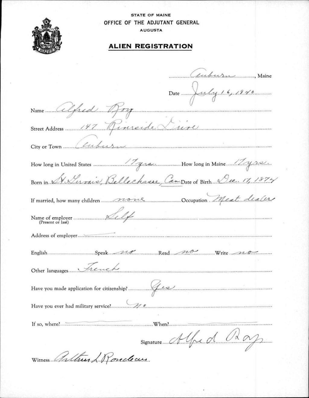 Miniature of Alien Registration- Roy, Alfred (Auburn, Androscoggin County)