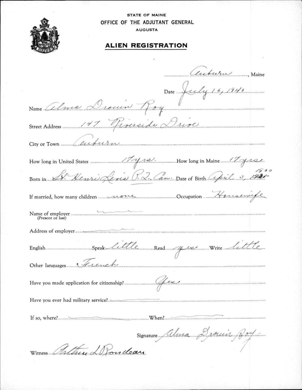 Miniature of Alien Registration- Drouin, Alma (Auburn, Androscoggin County)