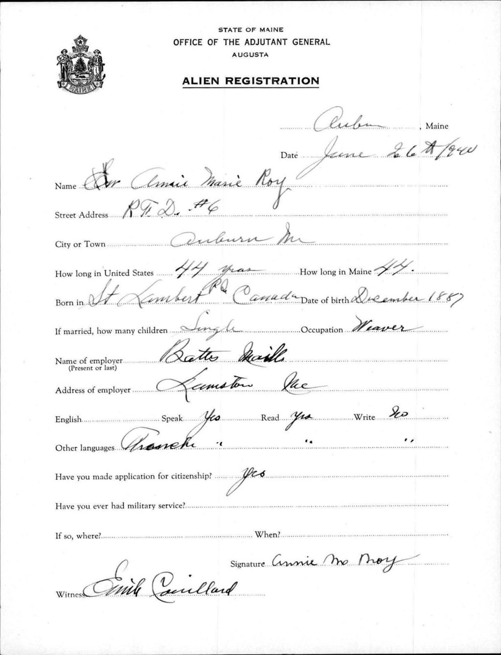 Miniature of Alien Registration- Roy, Annie M. (Auburn, Androscoggin County)