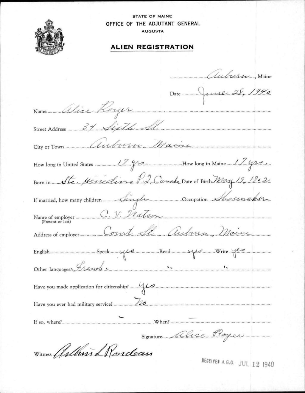 Miniature of Alien Registration- Royer, Alice (Auburn, Androscoggin County)