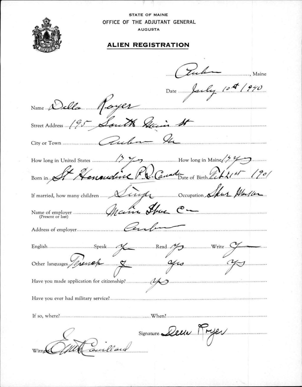 Miniature of Alien Registration- Royer, Della (Auburn, Androscoggin County)