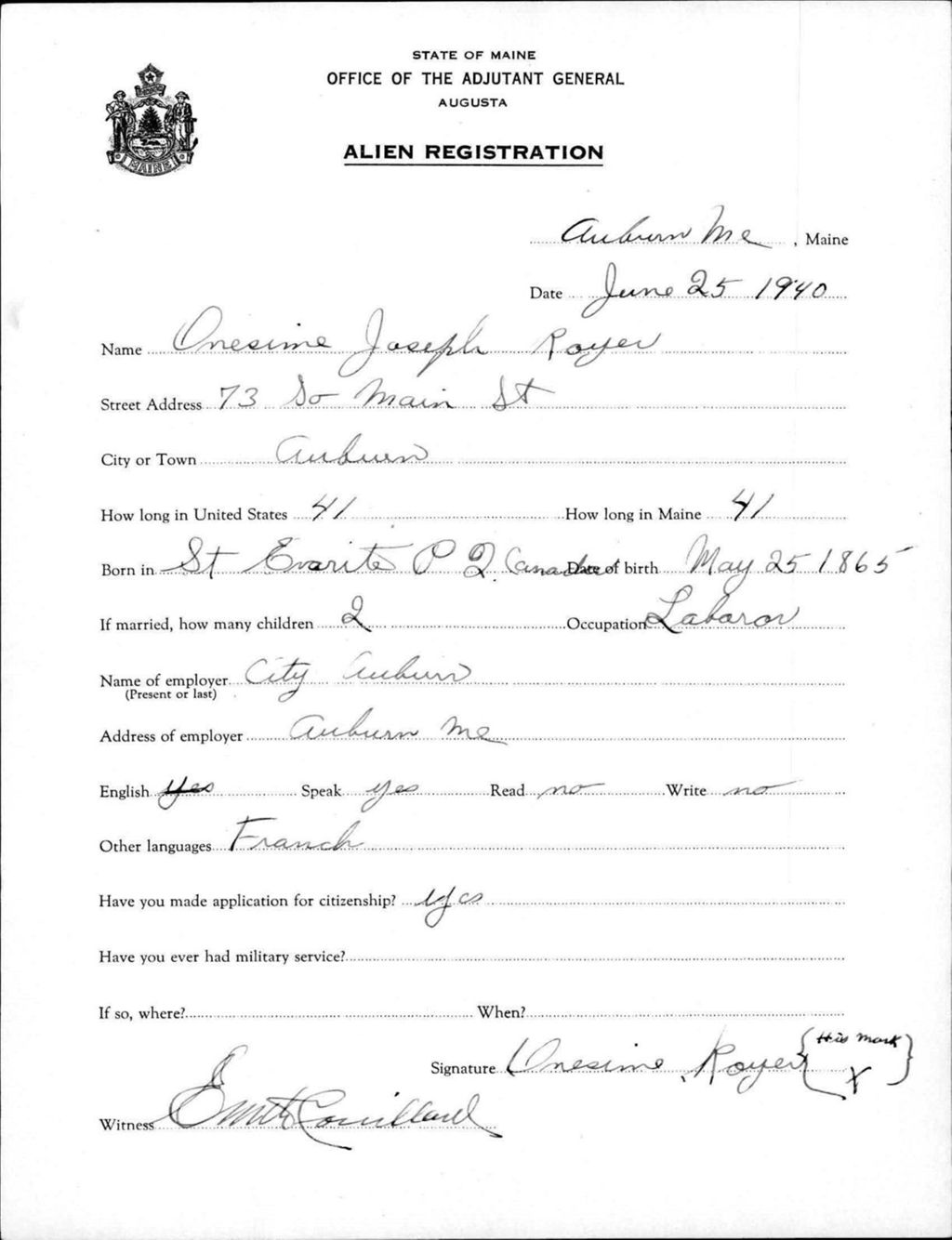 Miniature of Alien Registration- Royer, Onesine J. (Auburn, Androscoggin County)