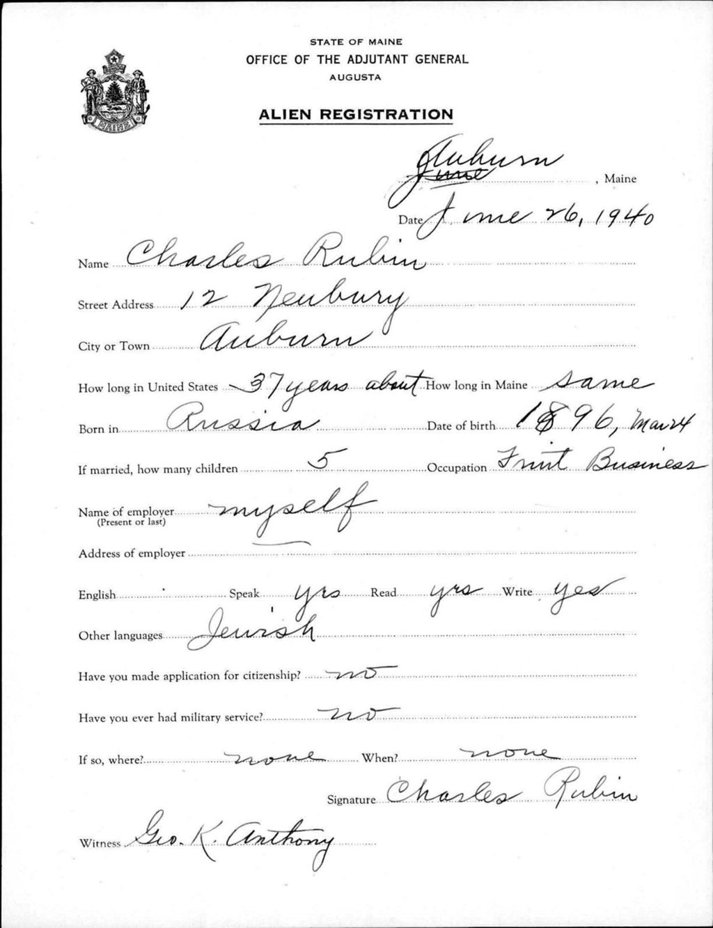 Miniature of Alien Registration- Rubin, Charles (Auburn, Androscoggin County)