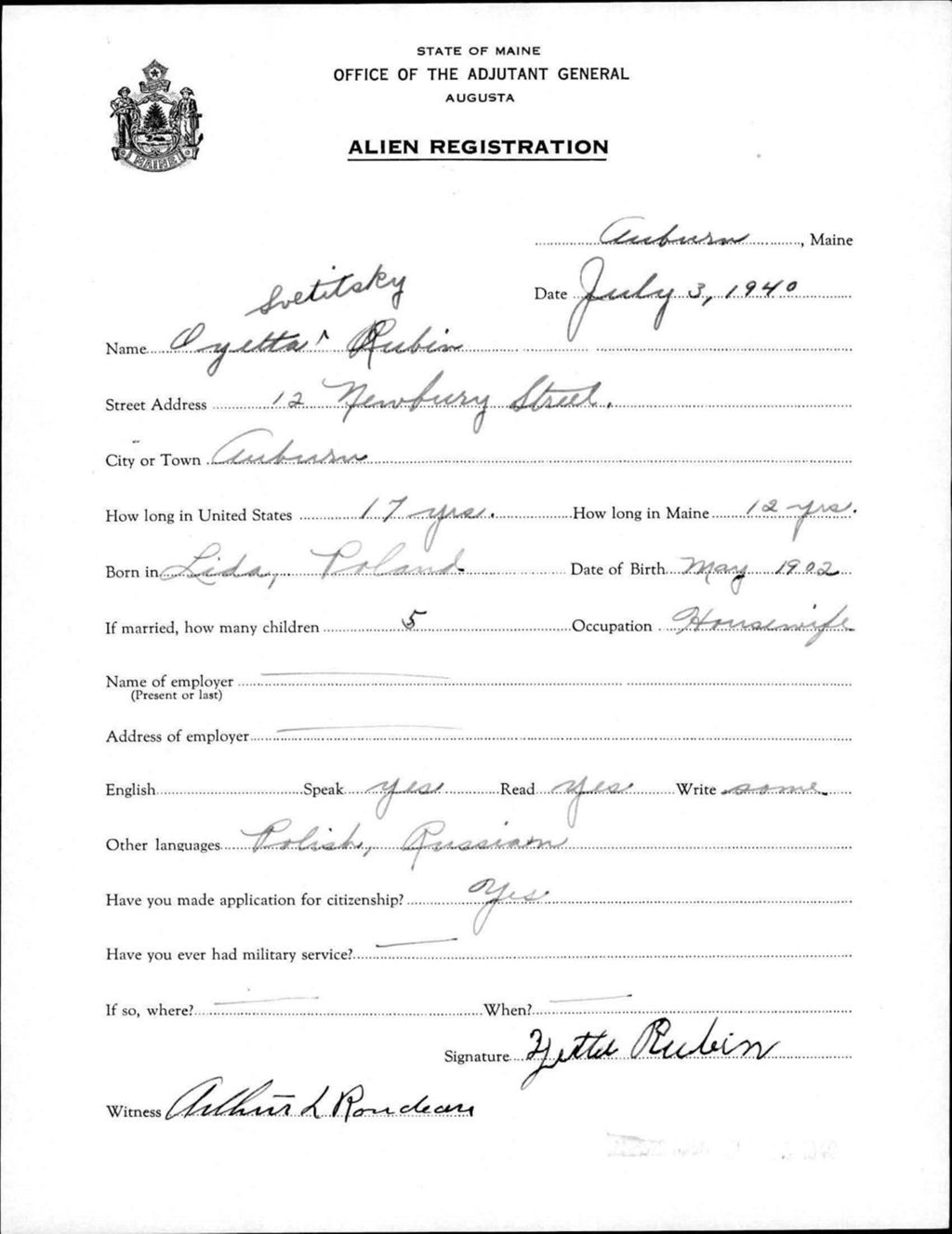 Miniature of Alien Registration- Svetitsky, Oyetta (Auburn, Androscoggin County)