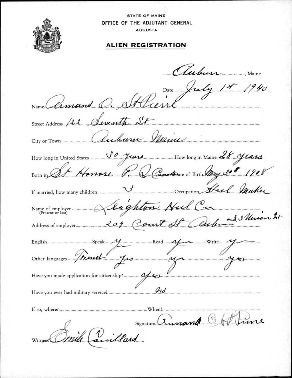 Miniature of Alien Registration- St Pierre, Armand O. (Auburn, Androscoggin County)