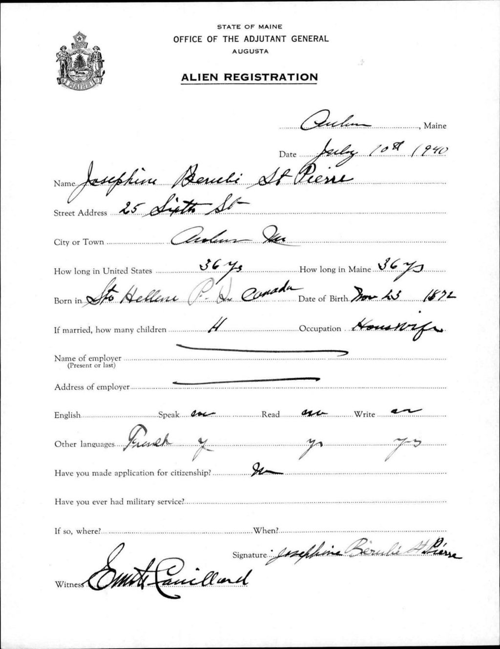 Miniature of Alien Registration- Berube, Josephine (Auburn, Androscoggin County)