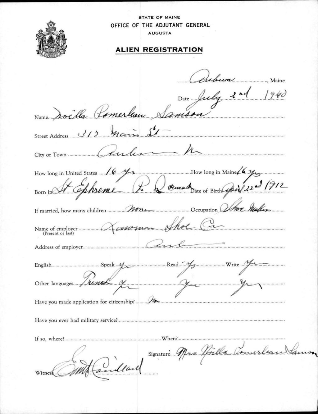Miniature of Alien Registration- Pomerleau, Noella (Auburn, Androscoggin County)