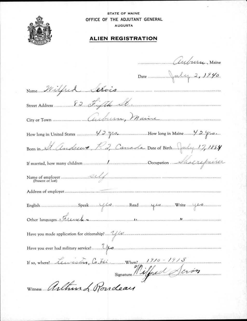 Miniature of Alien Registration- Sirois, Wilfred (Auburn, Androscoggin County)