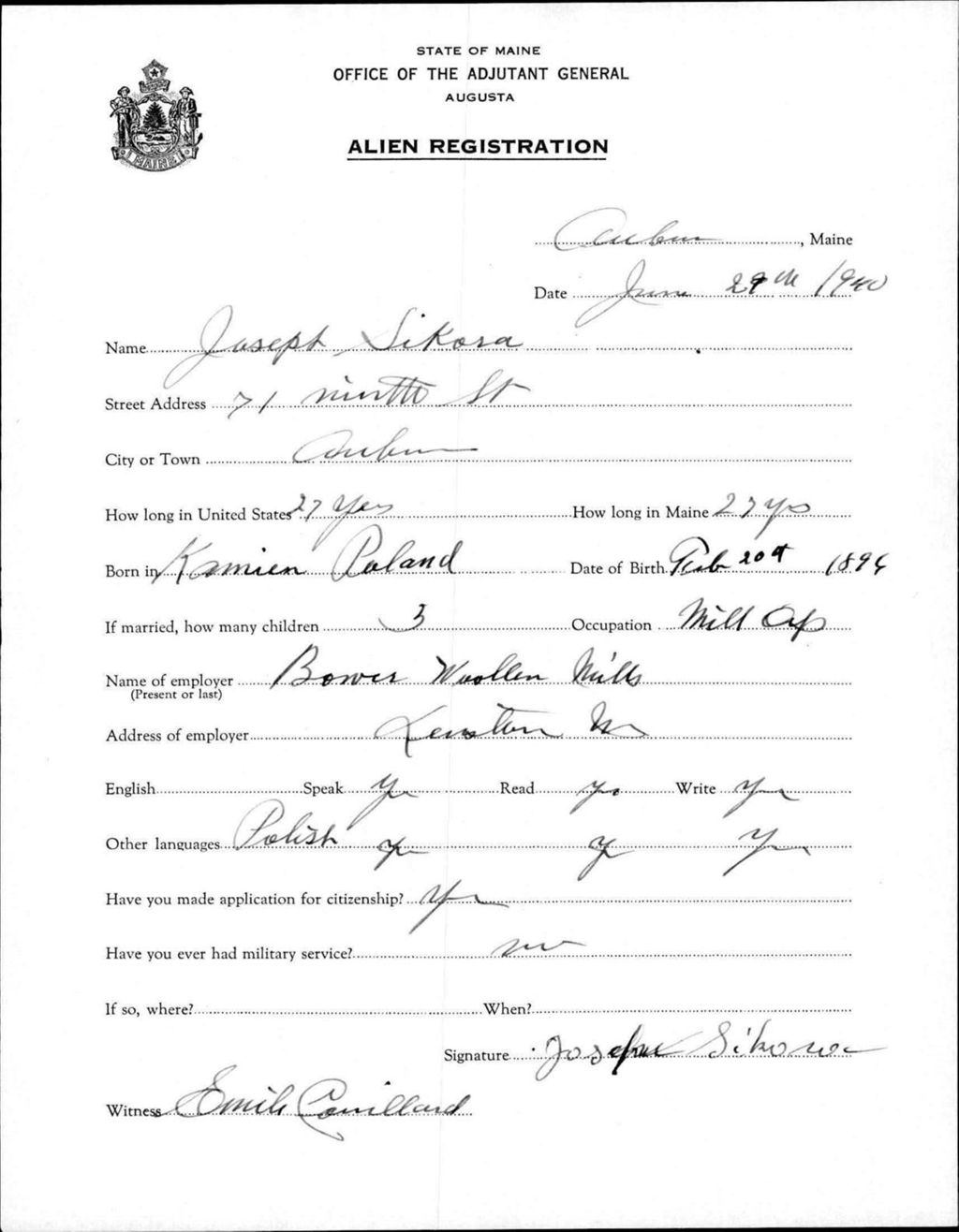 Miniature of Alien Registration- Sikora, Joseph (Auburn, Androscoggin County)