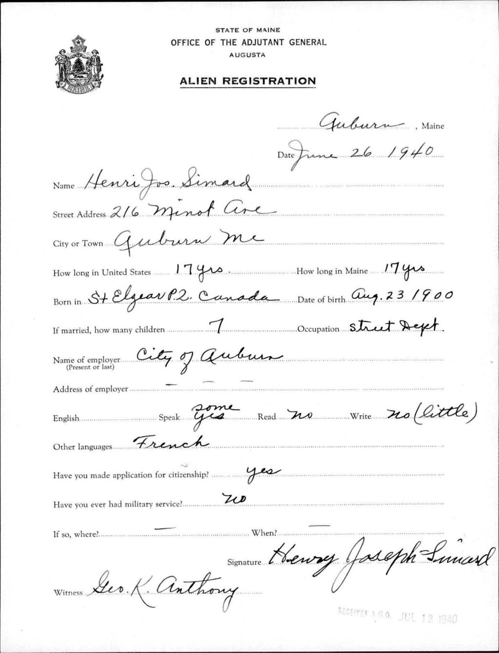 Miniature of Alien Registration- Simard, Henri J. (Auburn, Androscoggin County)