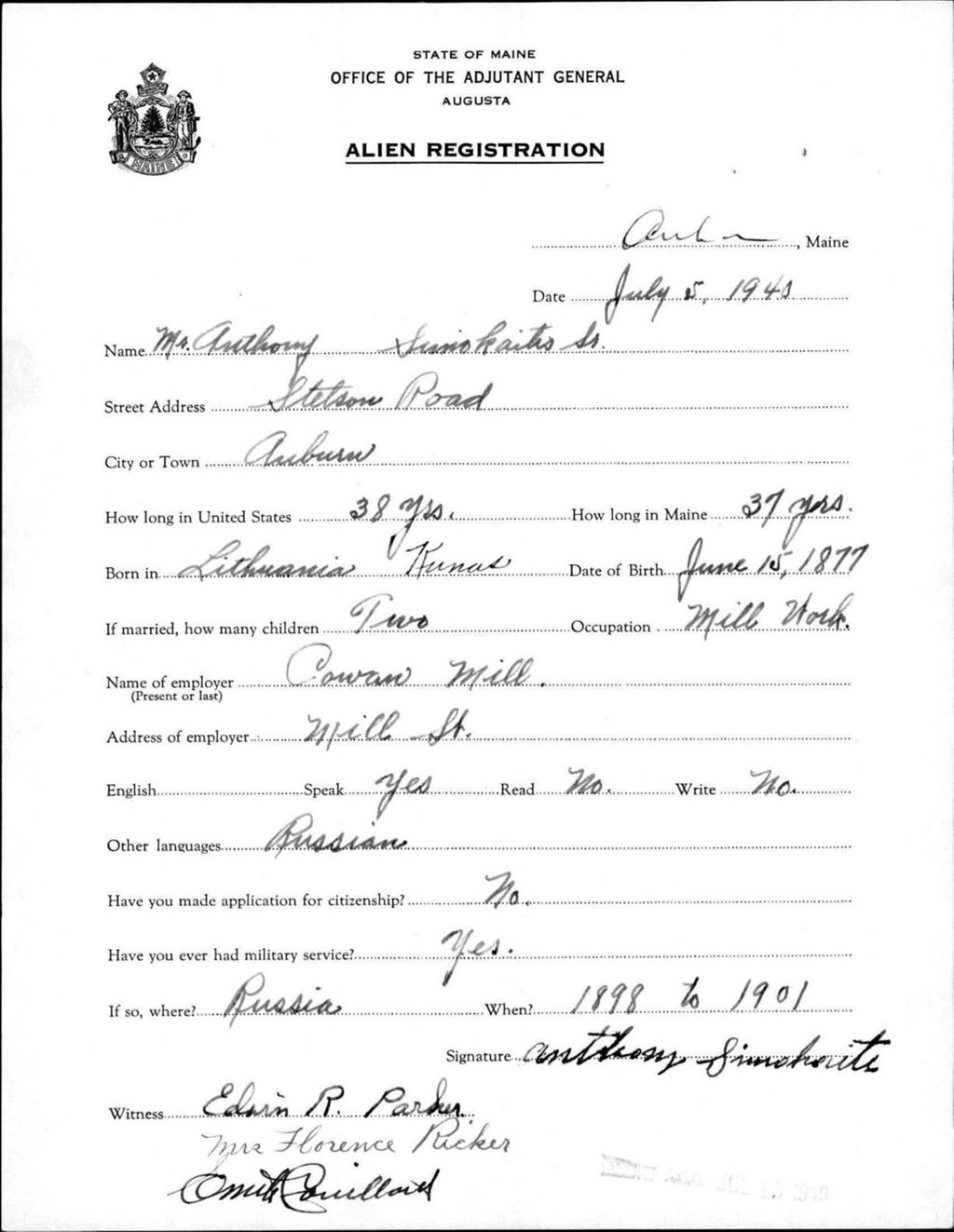 Miniature of Alien Registration- Simokaitis, Anthony, Sr. (Auburn, Androscoggin County)