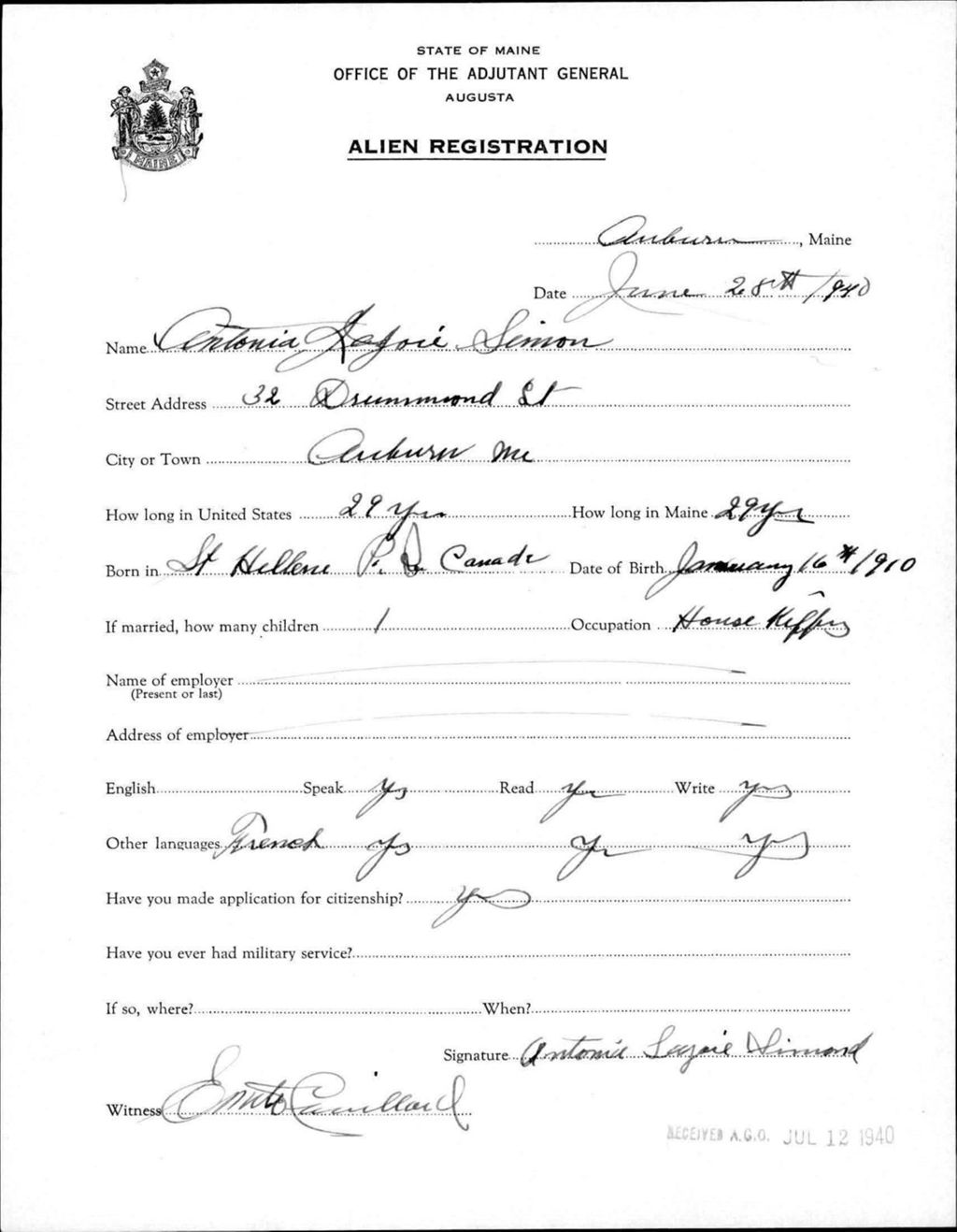 Miniature of Alien Registration- Lajoie, Antonia (Auburn, Androscoggin County)