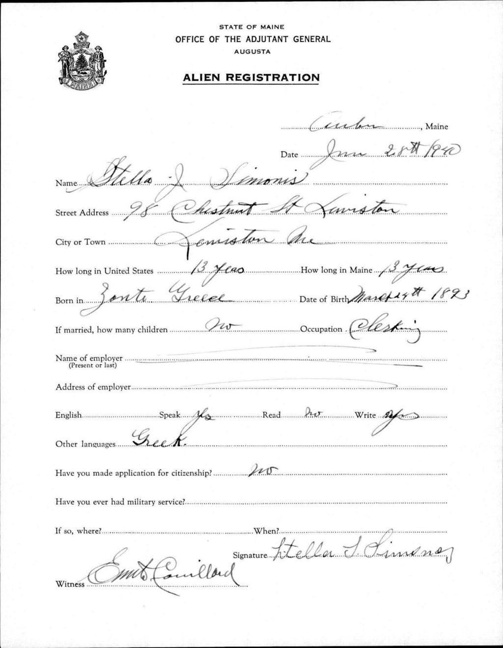 Miniature of Alien Registration- Simones, Stella J. (Auburn, Androscoggin County)