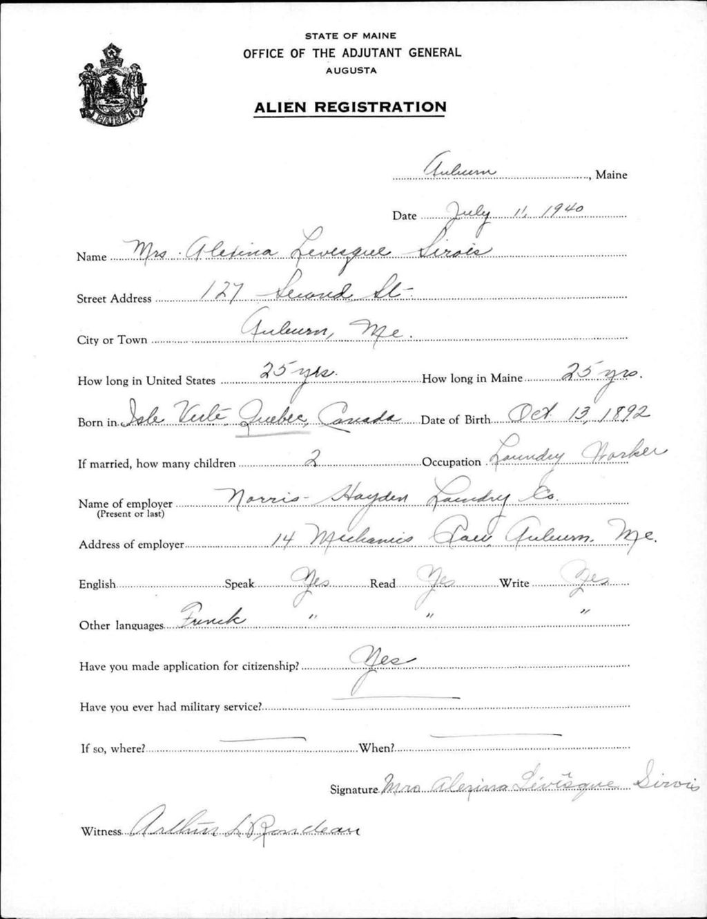 Miniature of Alien Registration- Levesque, Alexina (Auburn, Androscoggin County)