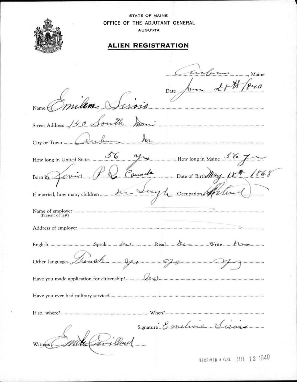 Miniature of Alien Registration- Sirois, Emiline (Auburn, Androscoggin County)