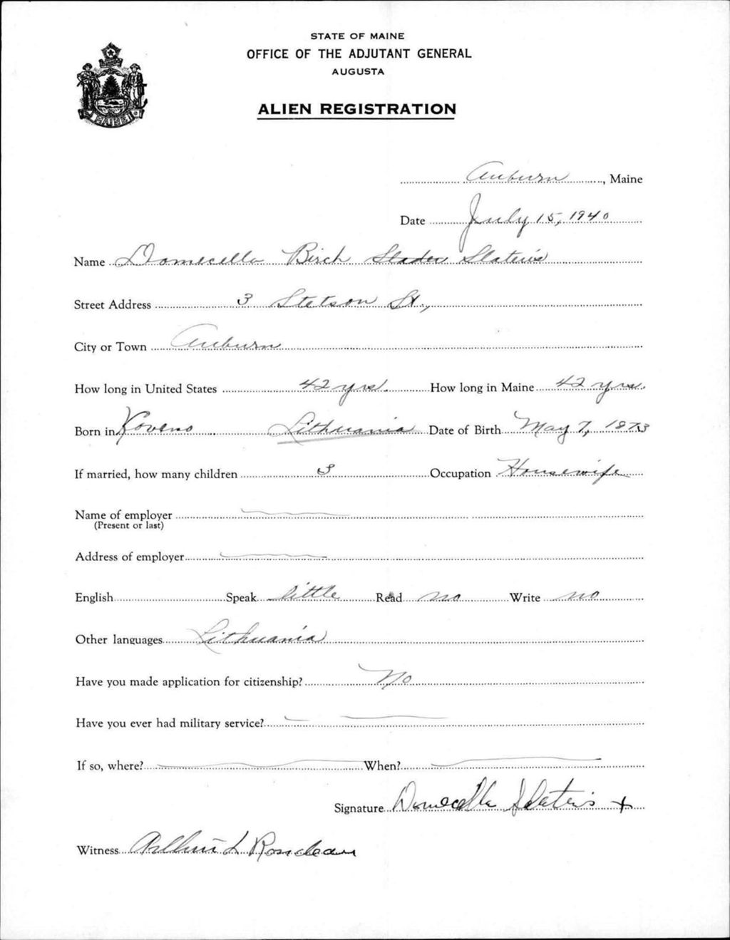 Miniature of Alien Registration- Birch, Domecella (Auburn, Androscoggin County)