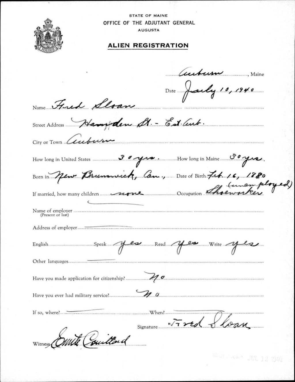Miniature of Alien Registration- Sloan, Fred (Auburn, Androscoggin County)