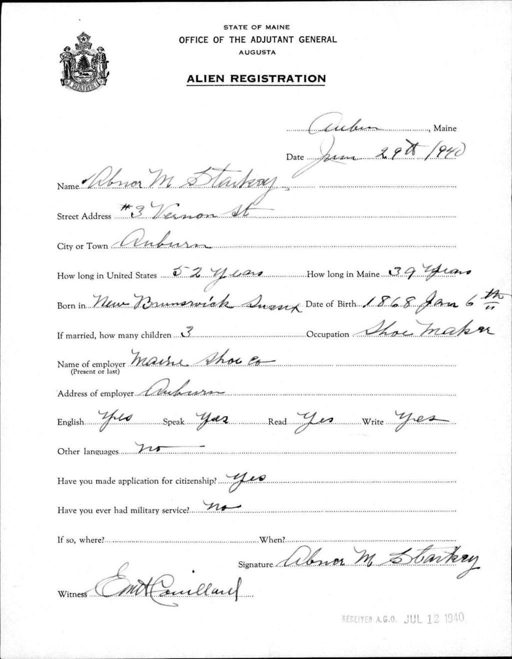 Miniature of Alien Registration- Starkey, Abner M. (Auburn, Androscoggin County)