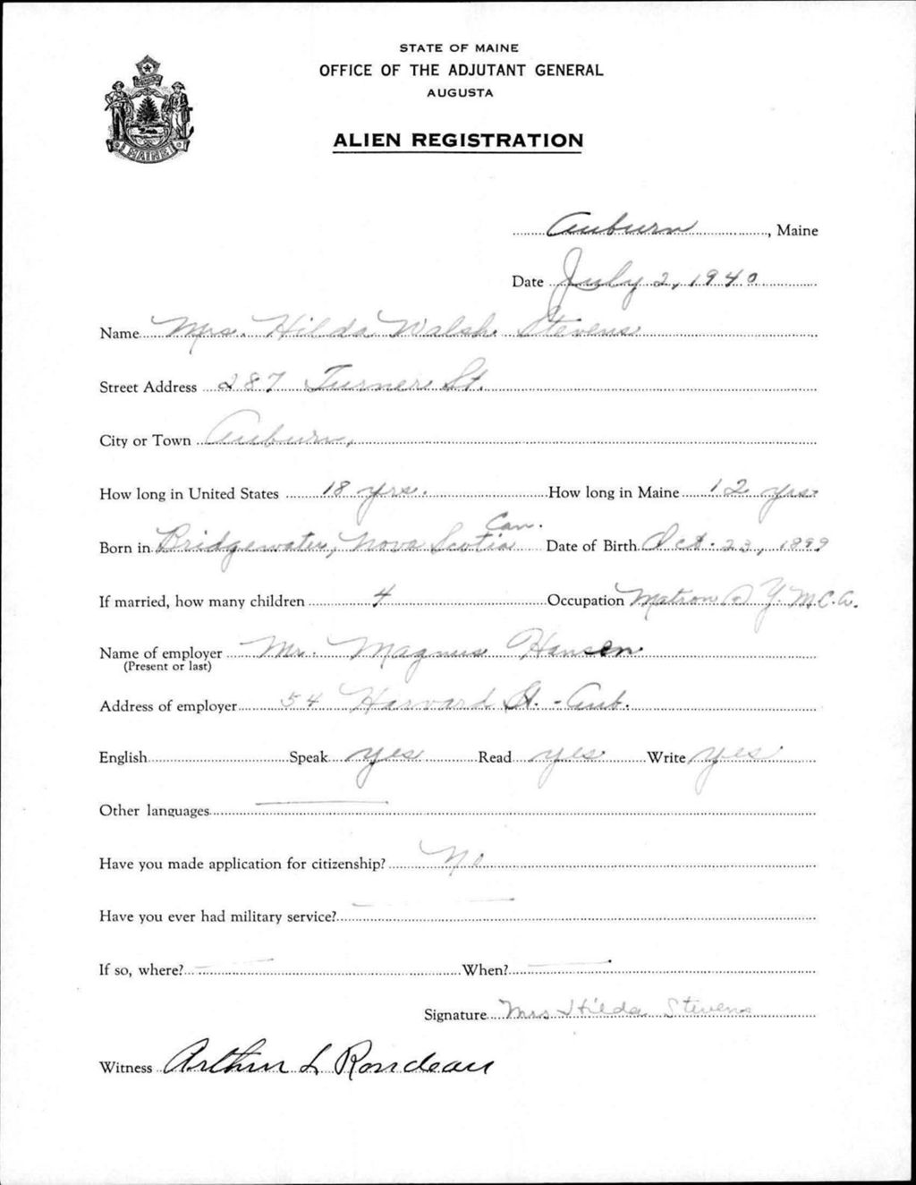 Miniature of Alien Registration- Walsh, Hilda (Auburn, Androscoggin County)