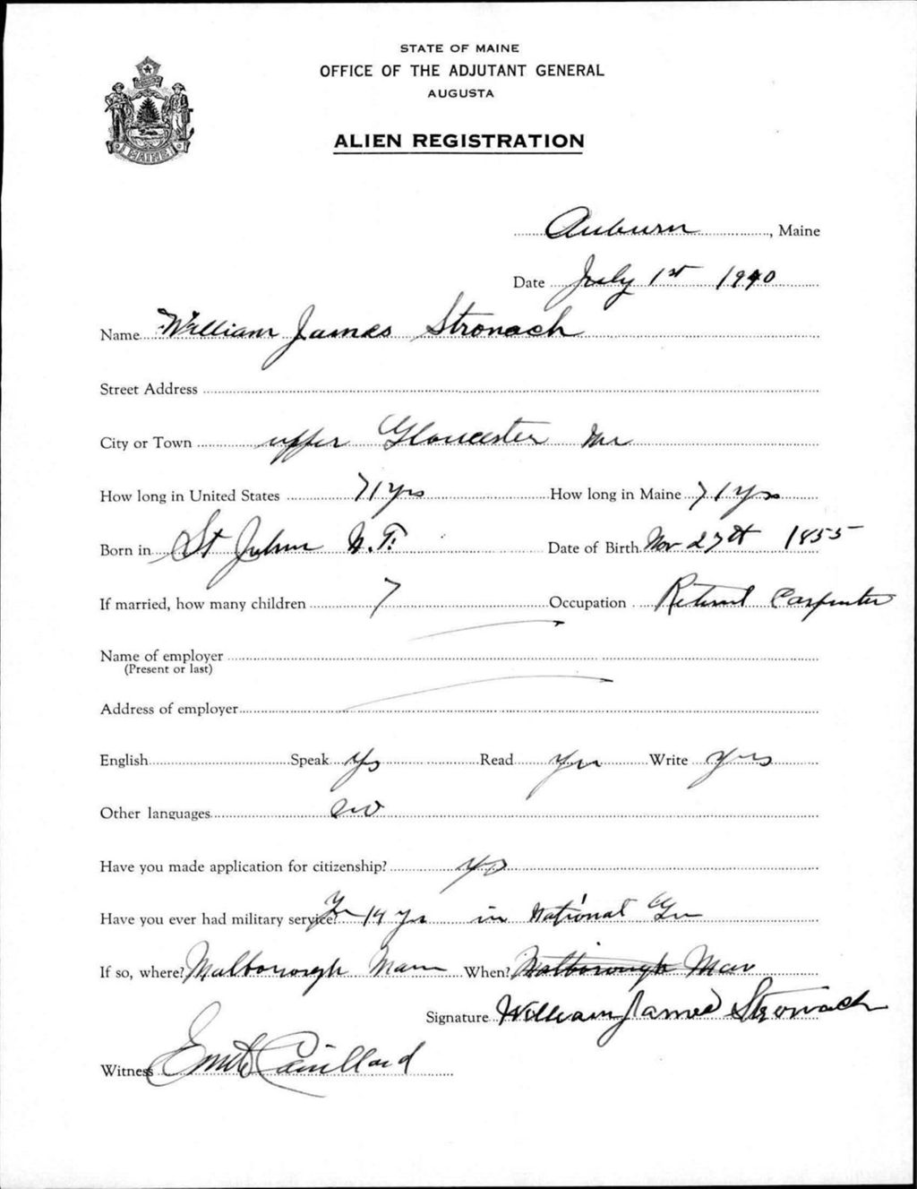 Miniature of Alien Registration- Stronach, William J. (Auburn, Androscoggin County)