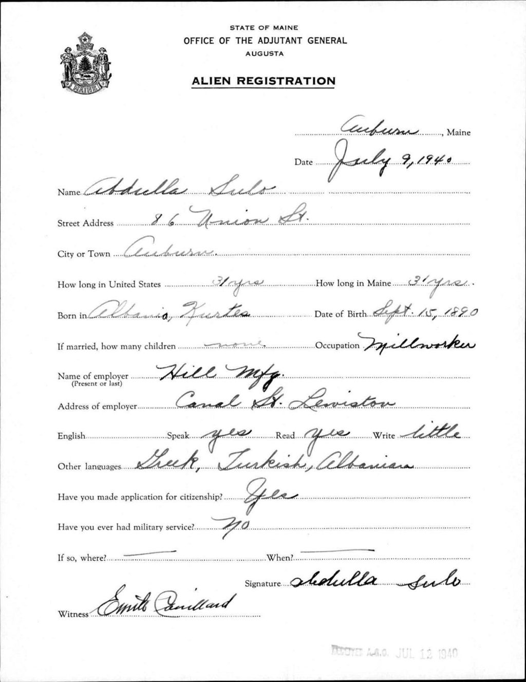 Miniature of Alien Registration- Sulo, Abdulla (Auburn, Androscoggin County)