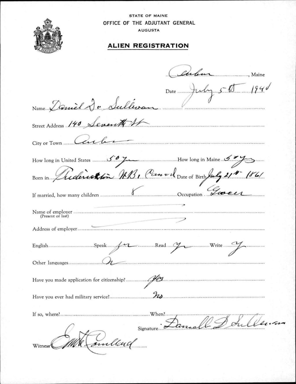 Miniature of Alien Registration- Sullivan, Daniel D. (Auburn, Androscoggin County)