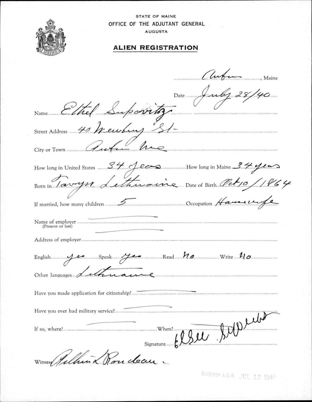 Miniature of Alien Registration- Supovitz, Ethel (Auburn, Androscoggin County)