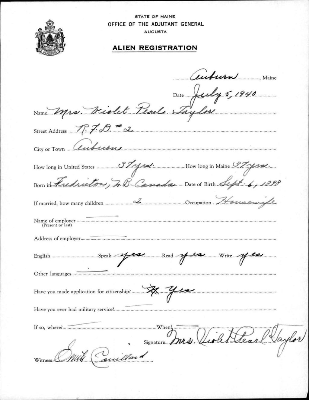 Miniature of Alien Registration- Taylor, Violet P. (Auburn, Androscoggin County)