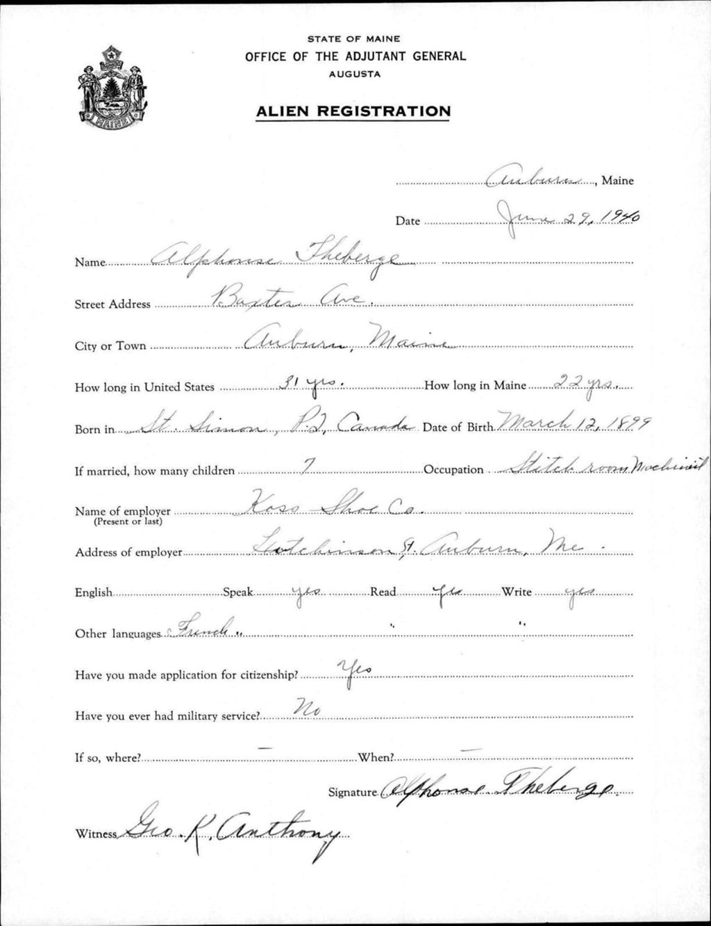 Miniature of Alien Registration- Theberge, Alphonse (Auburn, Androscoggin County)