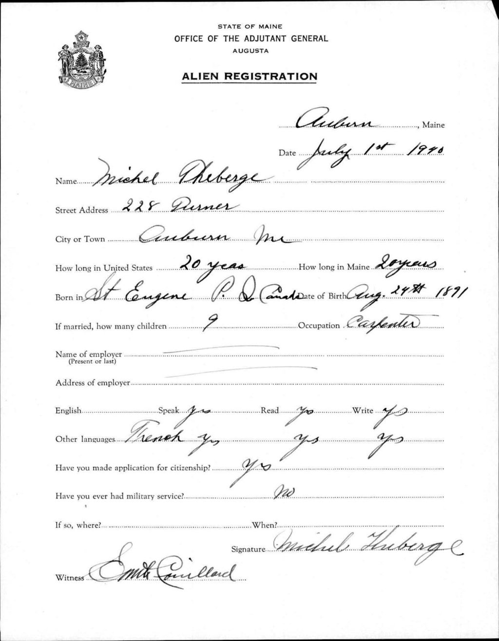 Miniature of Alien Registration- Theberge, Michel (Auburn, Androscoggin County)
