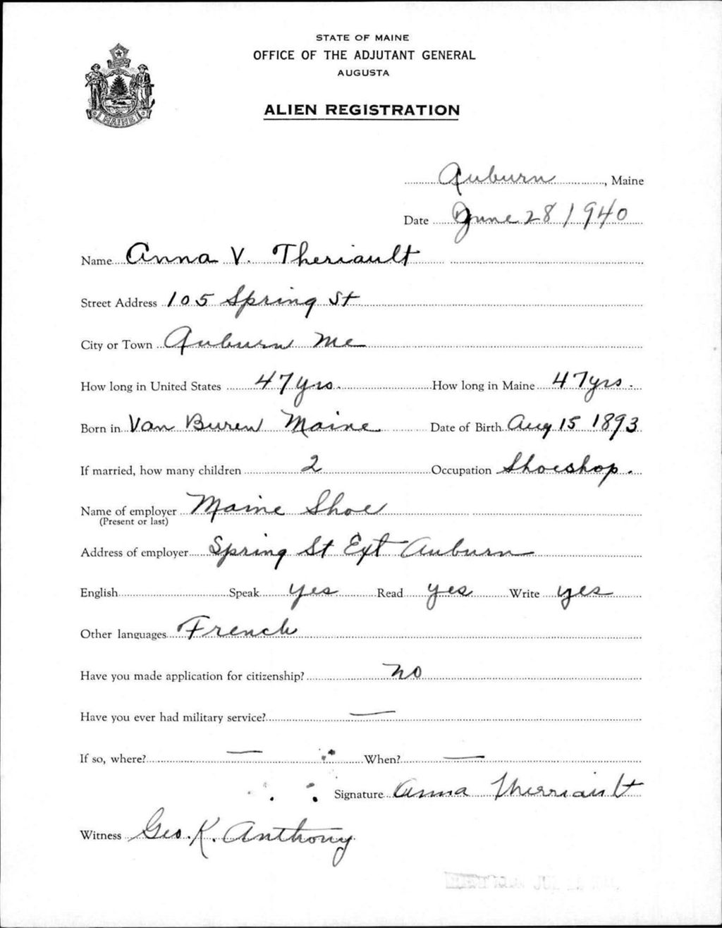 Miniature of Alien Registration- Theriault, Anna V. (Auburn, Androscoggin County)