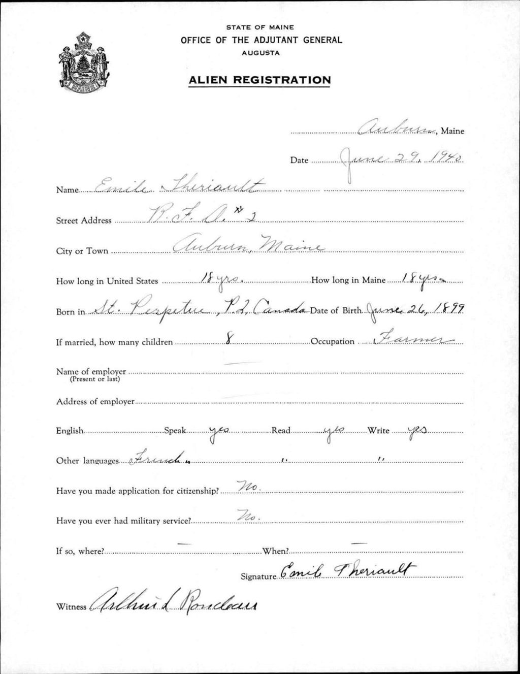 Miniature of Alien Registration- Theriault, Emile (Auburn, Androscoggin County)