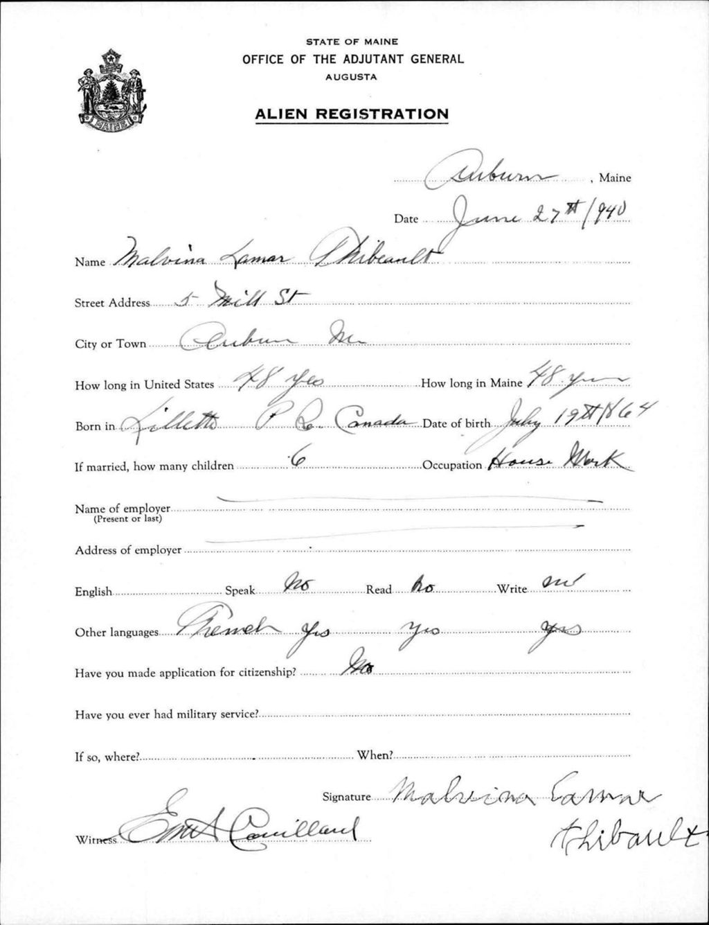 Miniature of Alien Registration- Lamar, Malvina (Auburn, Androscoggin County)