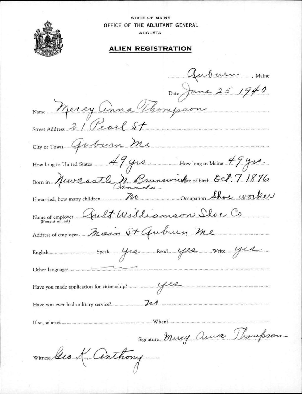 Miniature of Alien Registration- Thompson, Mercy Anna (Auburn, Androscoggin County)