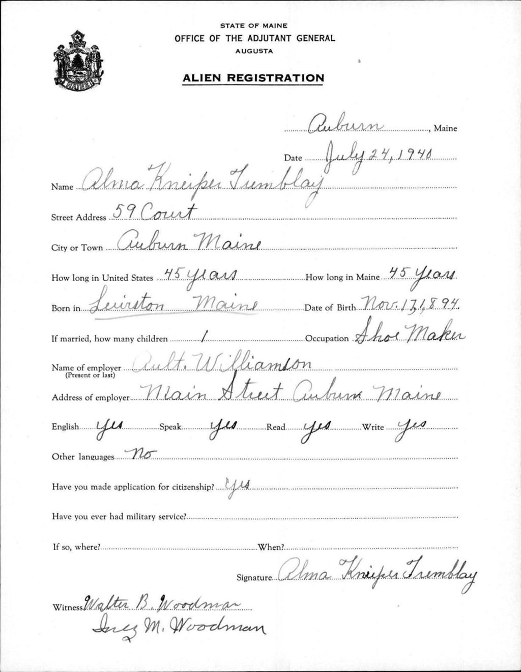 Miniature of Alien Registration- Kneiper, Alma (Auburn, Androscoggin County)