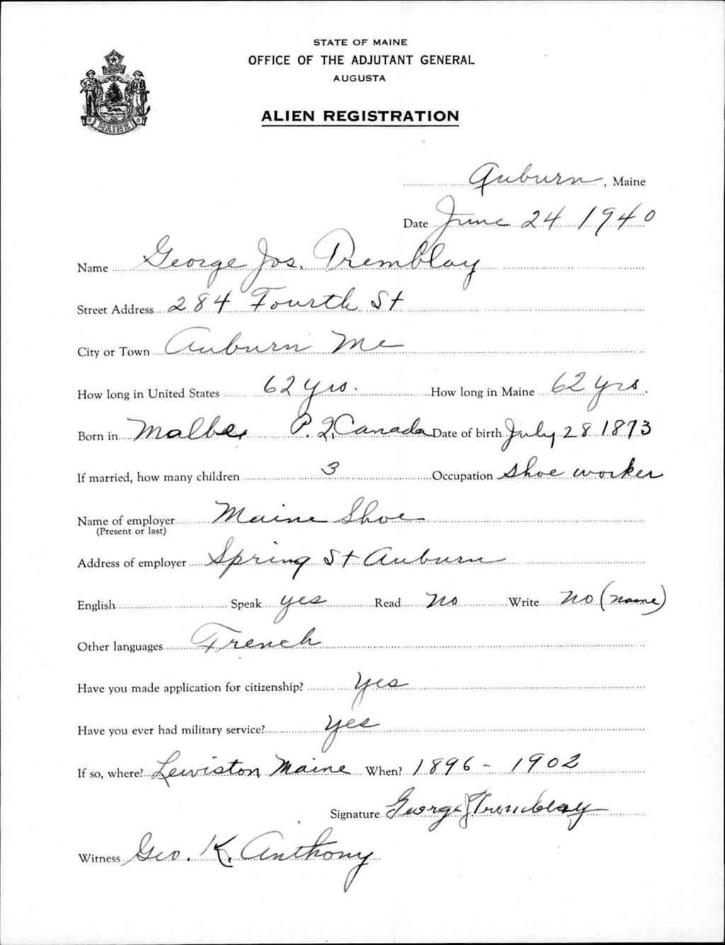 Miniature of Alien Registration- Tremblay, George J. (Auburn, Androscoggin County)