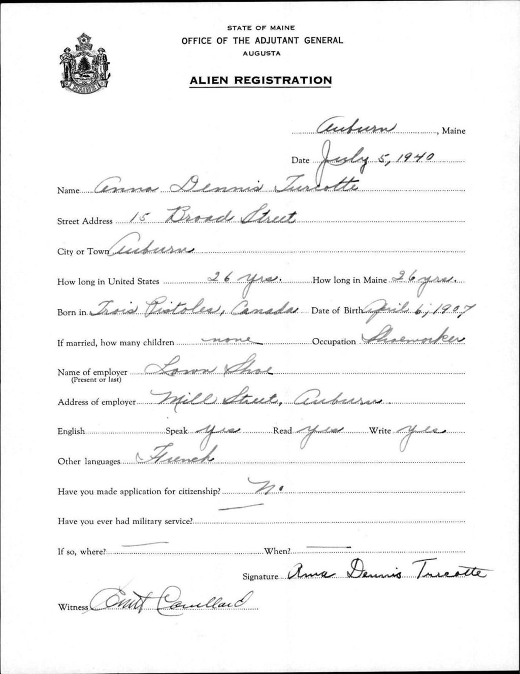 Miniature of Alien Registration- Dennis, Anna (Auburn, Androscoggin County)