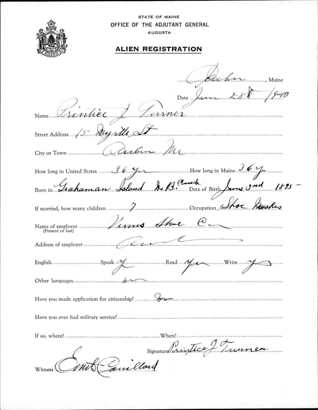 Miniature of Alien Registration- Turner, Printice J. (Auburn, Androscoggin County)