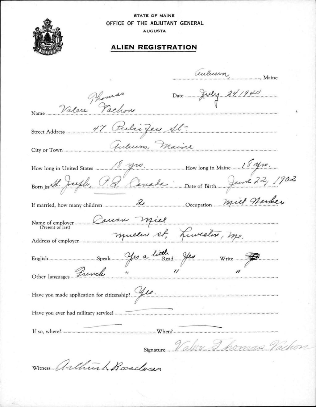 Miniature of Alien Registration- Thomas, Valere (Auburn, Androscoggin County)