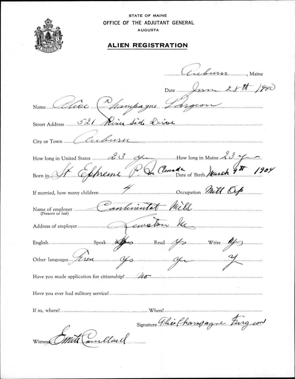 Miniature of Alien Registration- Champagne, Alice (Auburn, Androscoggin County)