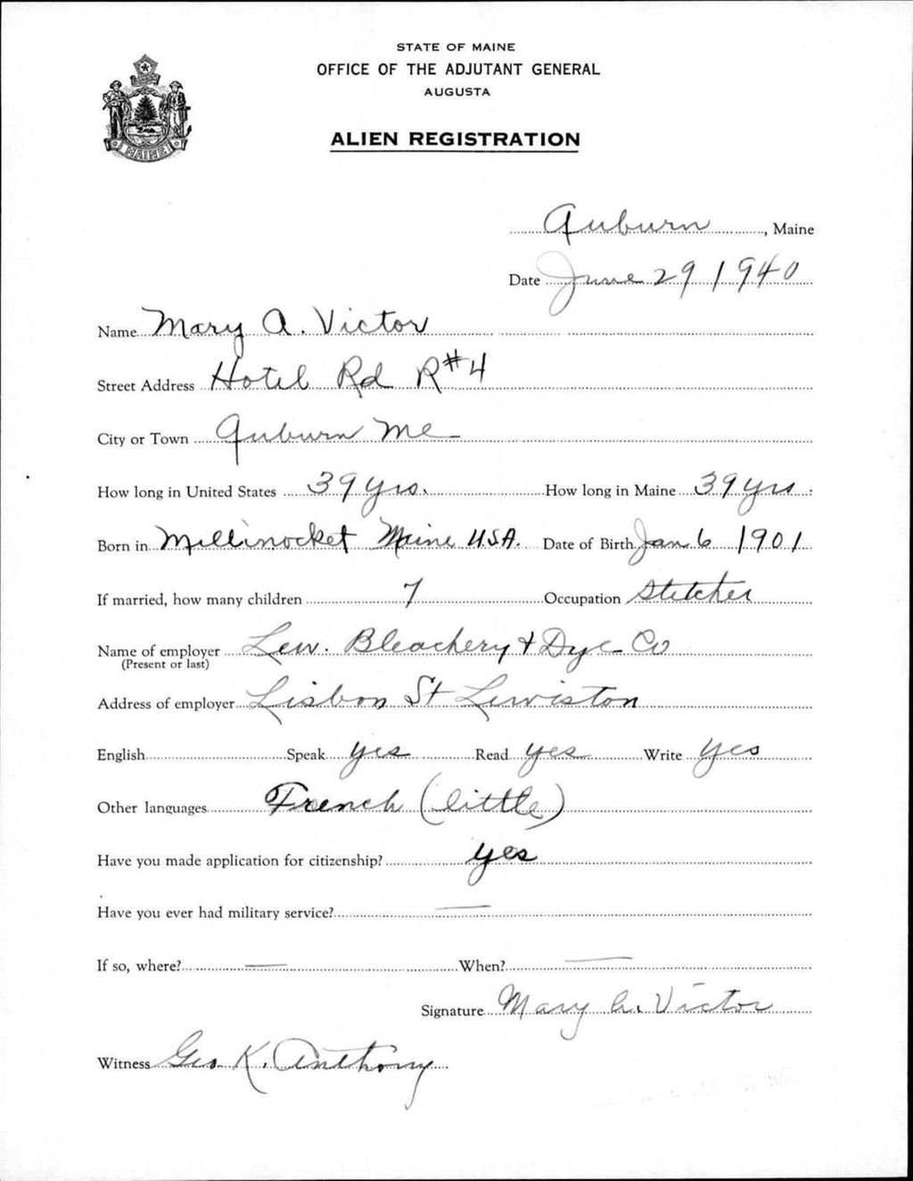 Miniature of Alien Registration- Victor, Mary A. (Auburn, Androscoggin County)