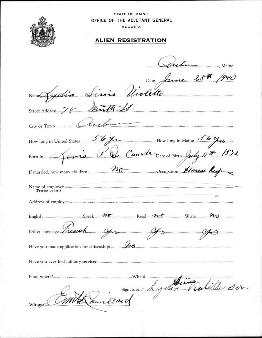 Miniature of Alien Registration- Sirois, Lydia (Auburn, Androscoggin County)