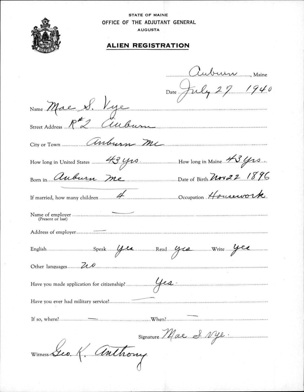 Miniature of Alien Registration- Vye, Mae S. (Auburn, Androscoggin County)