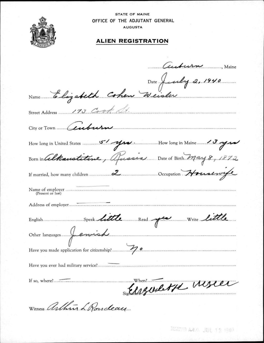 Miniature of Alien Registration- Cohen, Elizabeth (Auburn, Androscoggin County)