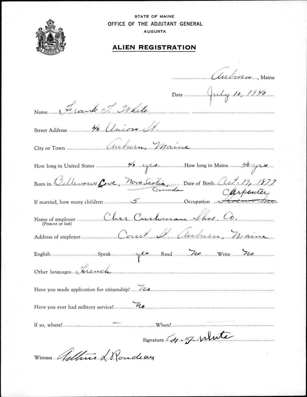 Miniature of Alien Registration- White, Frank T. (Auburn, Androscoggin County)