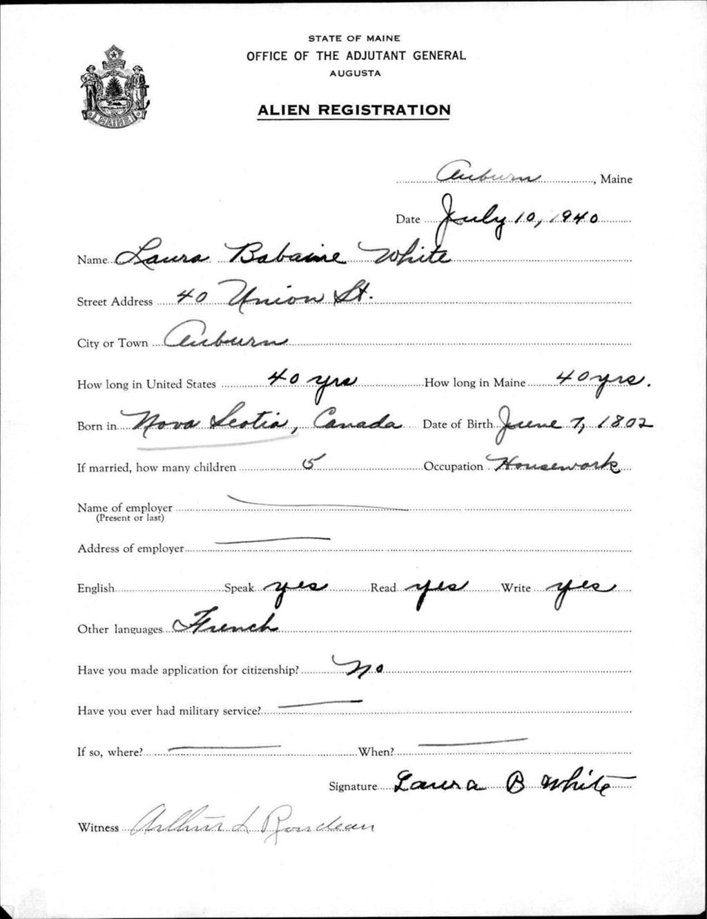 Miniature of Alien Registration- Babaine, Laura (Auburn, Androscoggin County)