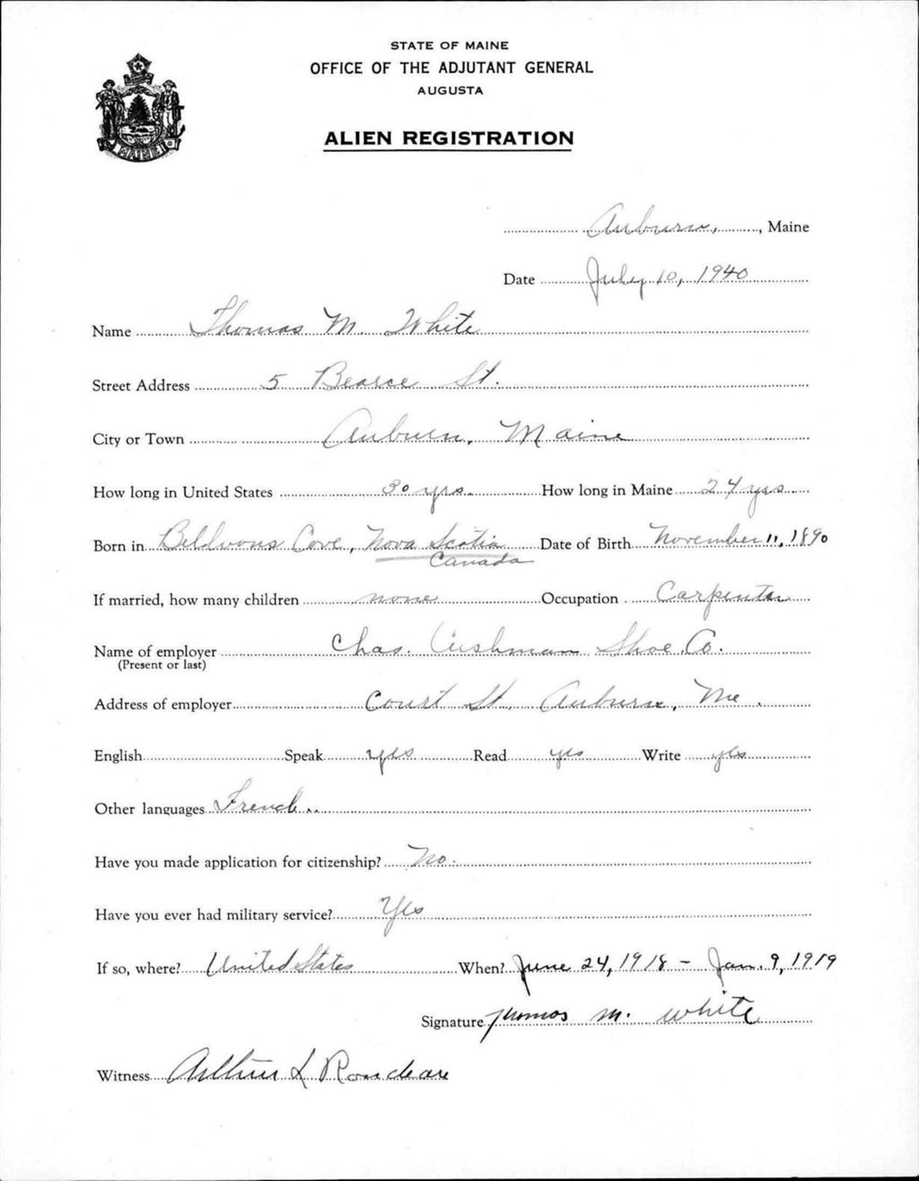 Miniature of Alien Registration- White, Thomas M. (Auburn, Androscoggin County)