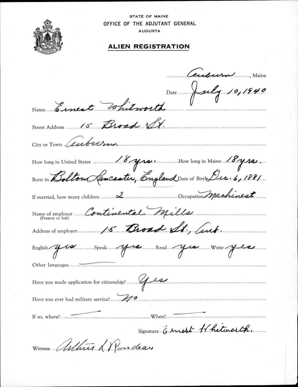 Miniature of Alien Registration- Whitworth, Ernest (Auburn, Androscoggin County)