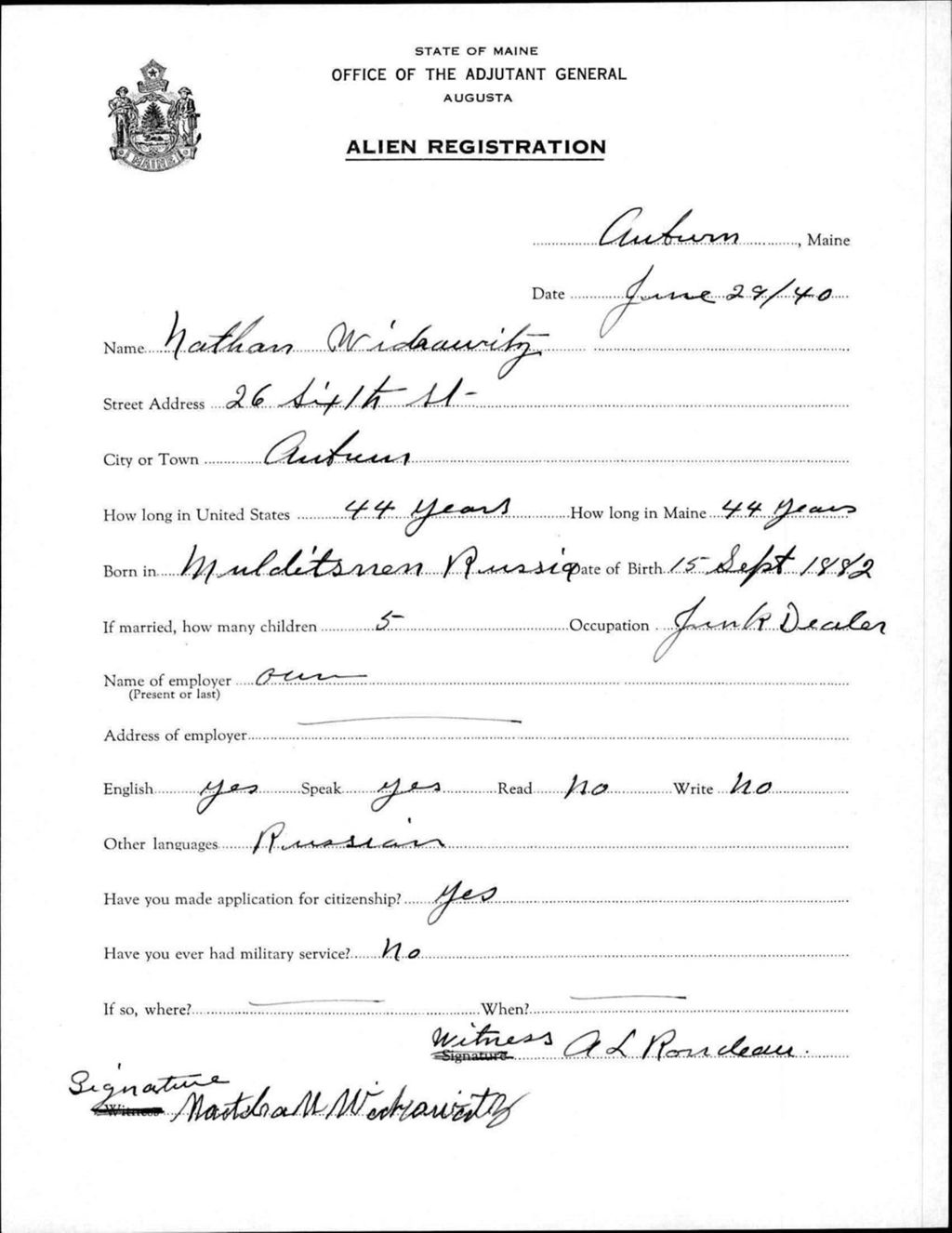Miniature of Alien Registration- Wideawitz, Nathan (Auburn, Androscoggin County)